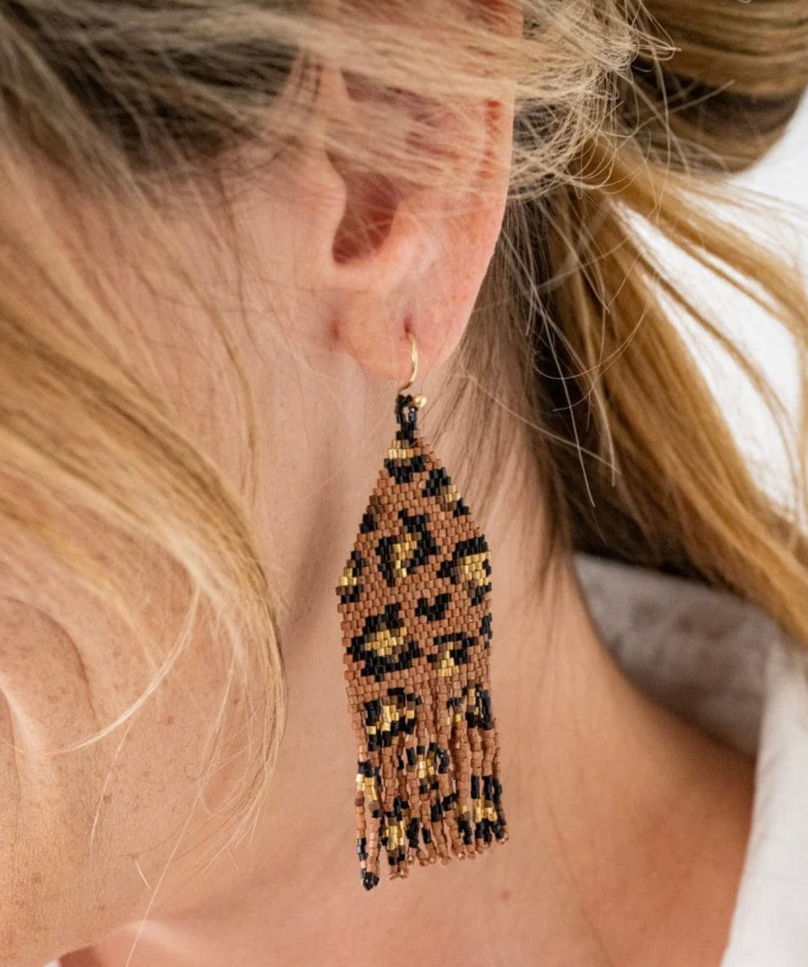 Beaded cheetah fringe earrings earrings