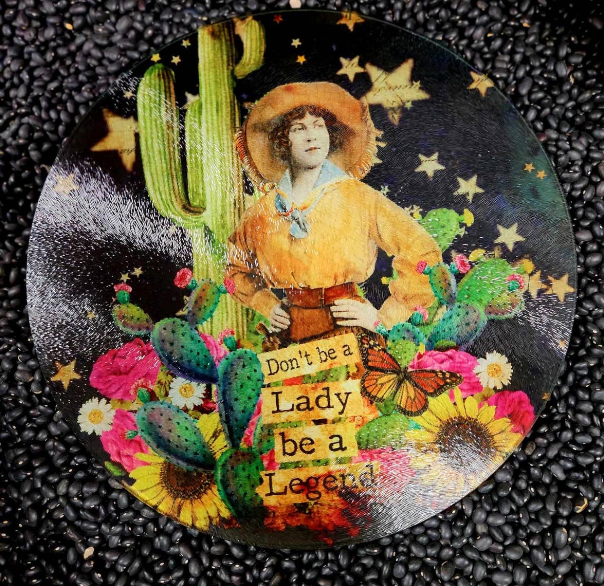 Round glass cowgirl cutting board