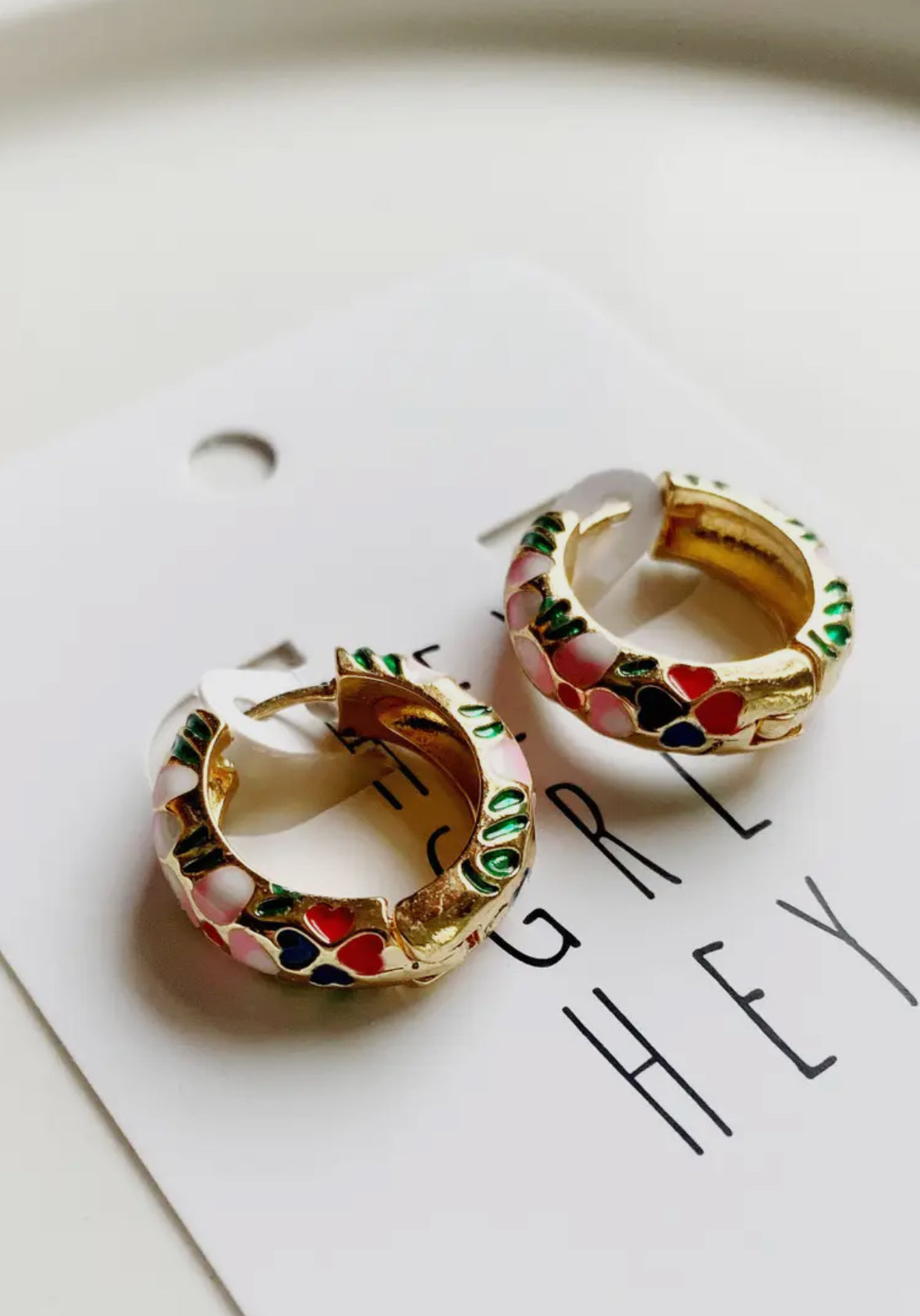 Gold pink floral hoop earring
