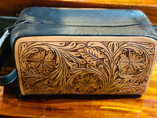 Tooled leather shaving kit