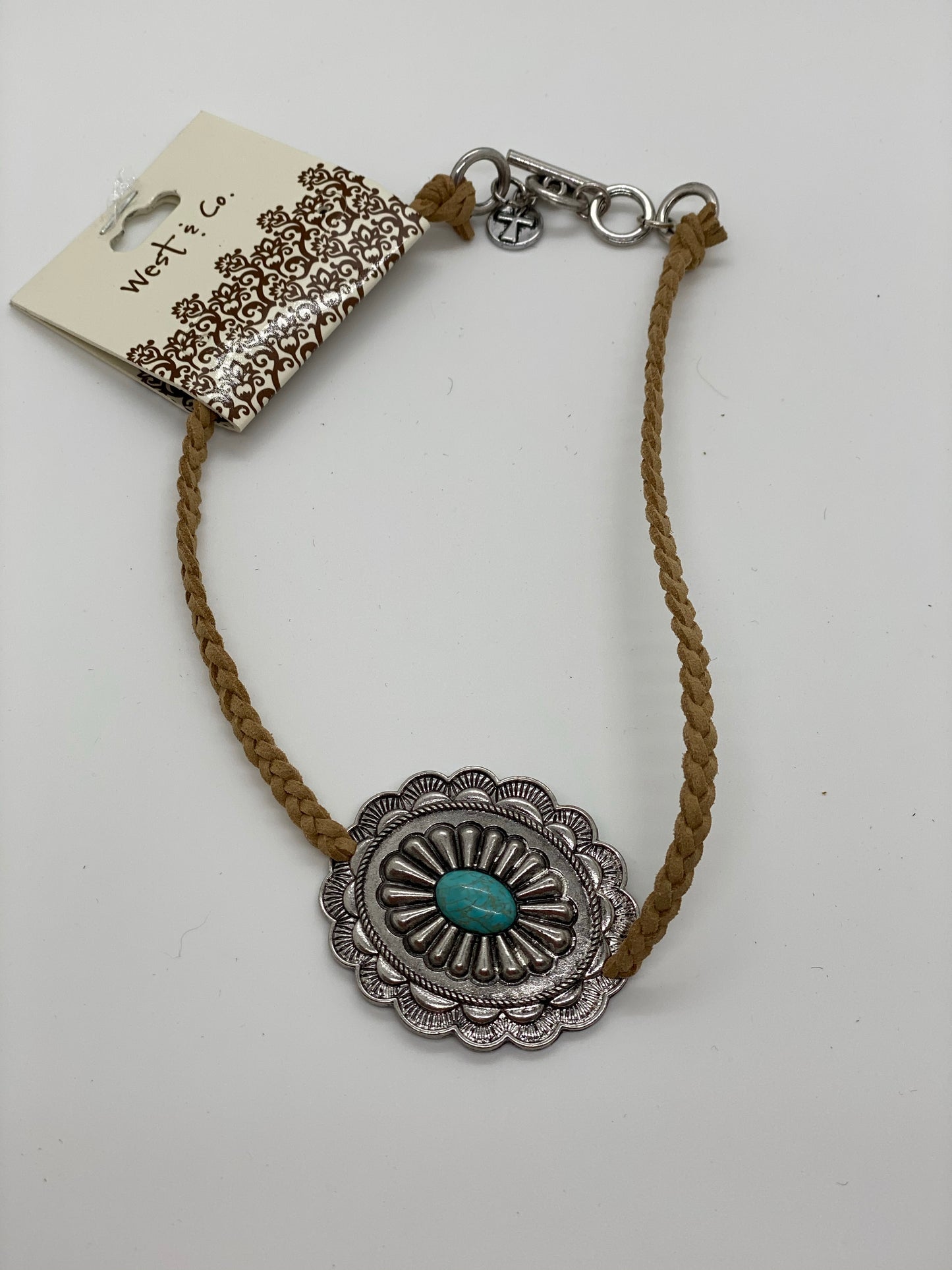 Tan Braided Leather Choker w/Concho