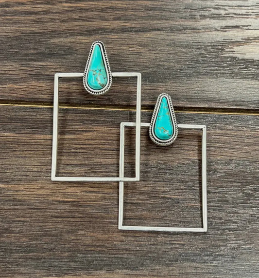 Square Stud with Turquoise Drop Earrings