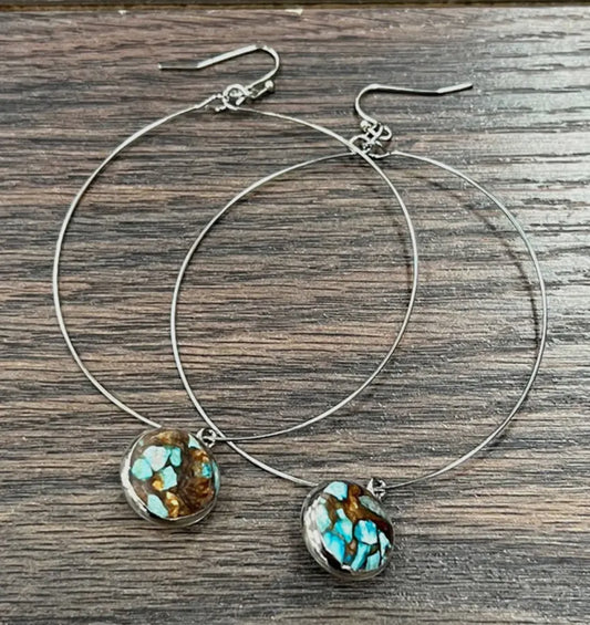 Hoop Earrings with Round Turquoise Stone