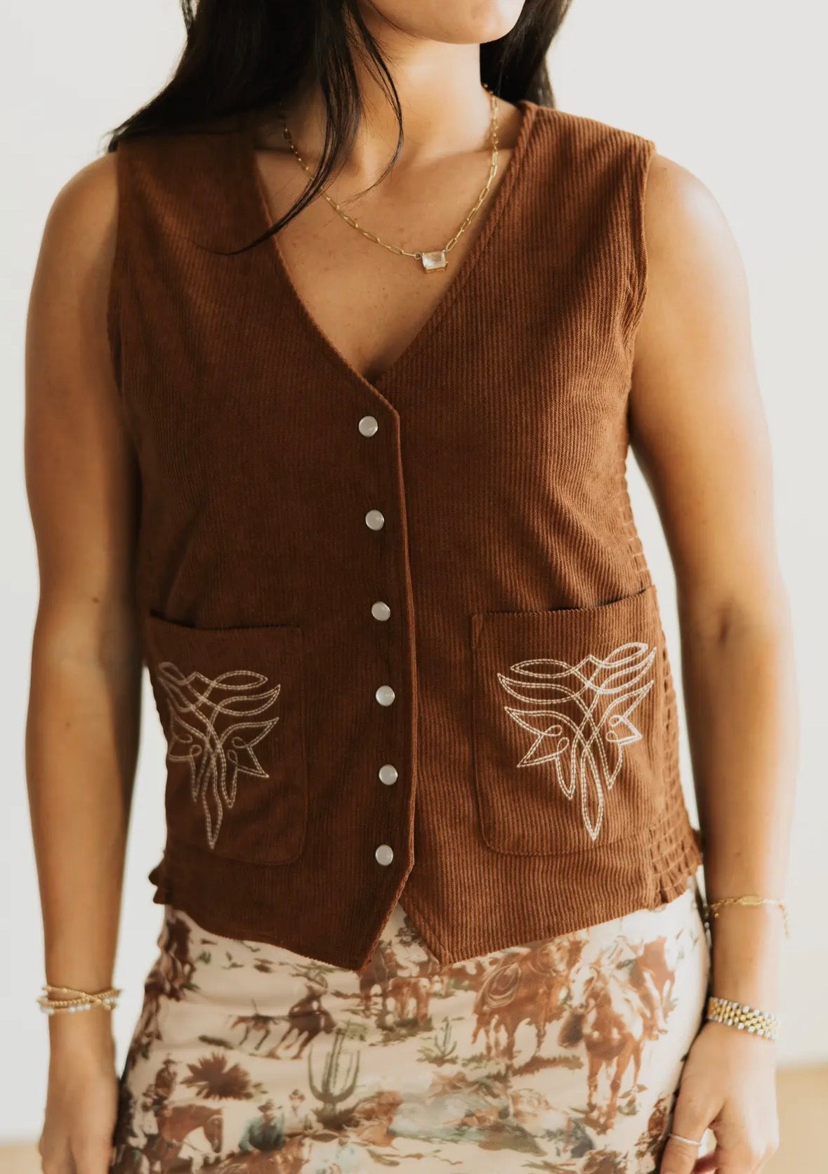 Corduroy pearl snap western vest