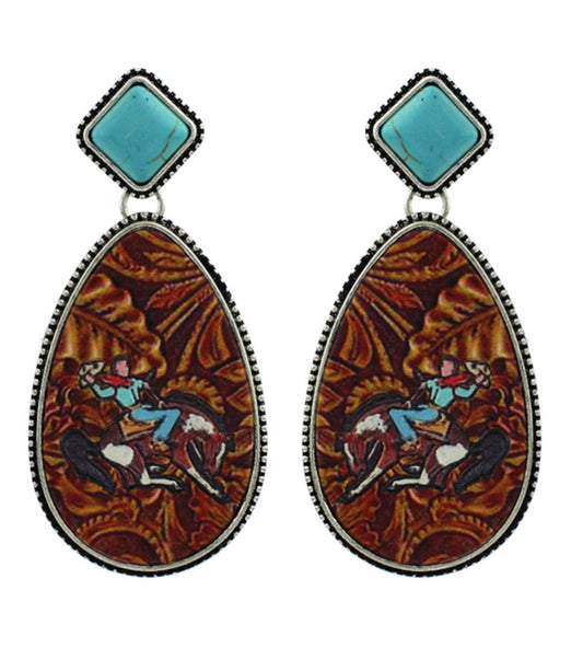 Tooled Leather Bronc with Turquoise Earrings