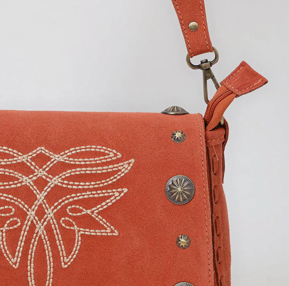 Rust Suede stitching with Concho Crossbody purse