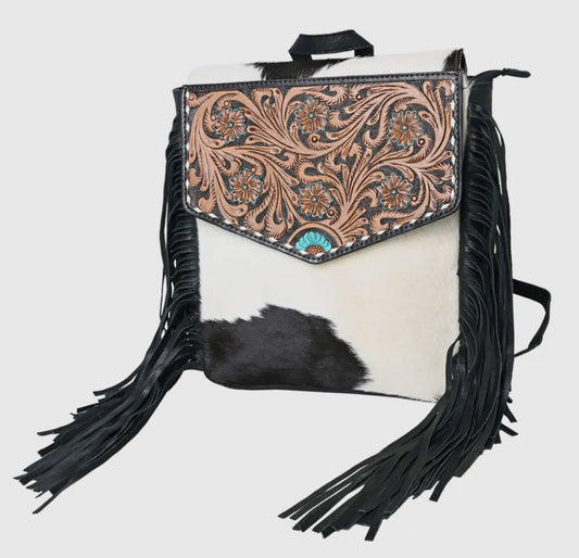 Cowhide tooled leather backpack