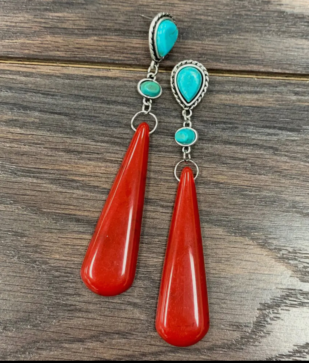 Turquoise with Red Stone Drop Earrings