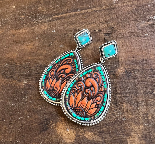 Tooled Leather w/ Turquoise Earrings