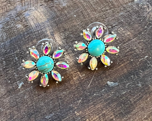 Flower Stud Earrings w/ Turquoise Stone