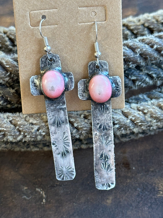 Pink, stoned cross earring