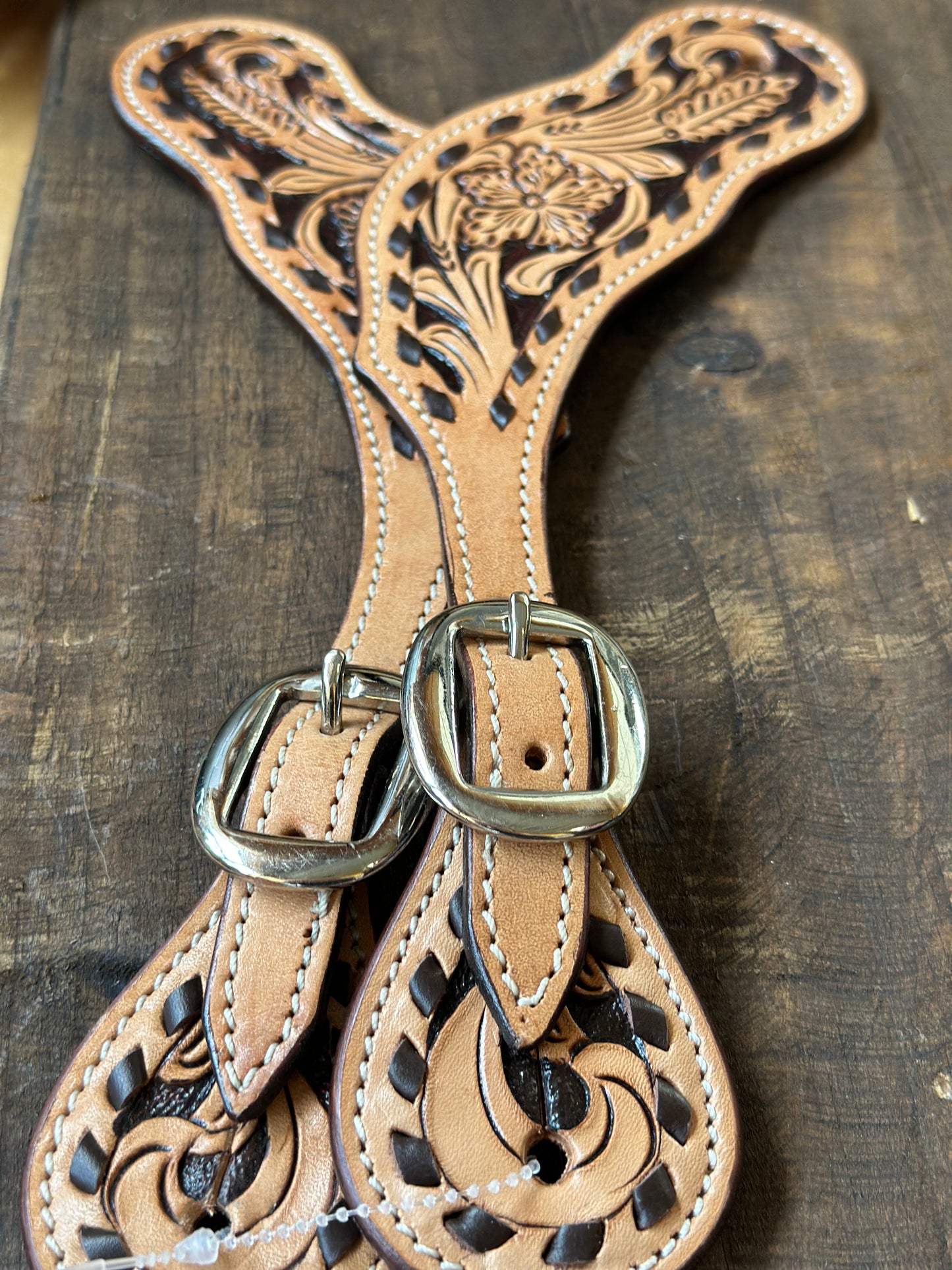 Floral tooled Leather Spur Strap