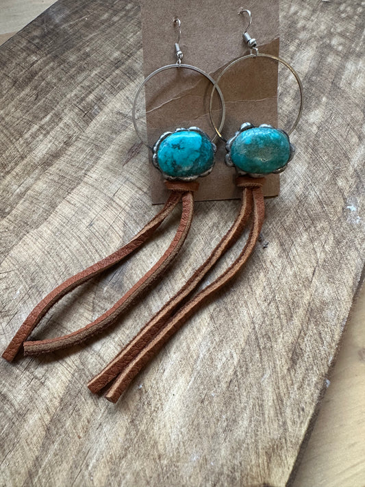 Genuine turquoise hoop with leather fringe earrings