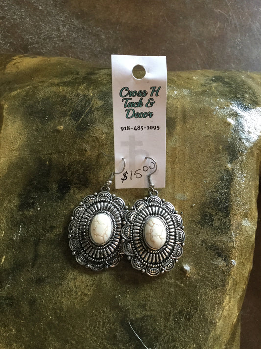 Silver Ovals w/White Cracked Stone Earrings