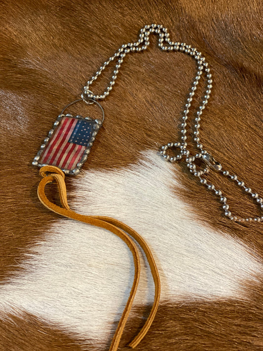 American Flag w/Leather Necklace