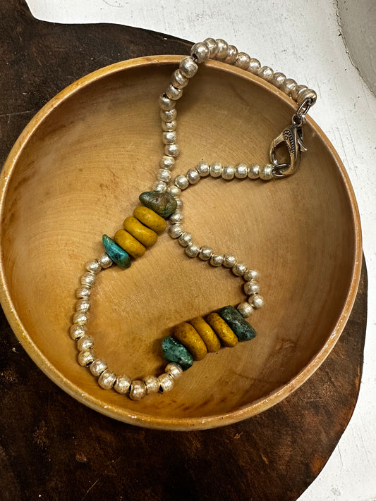 Turquoise and mustard, yellow beaded necklace