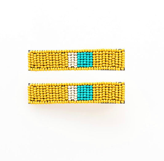 Yellow, Turquoise & Ivory Beaded Hair Clip