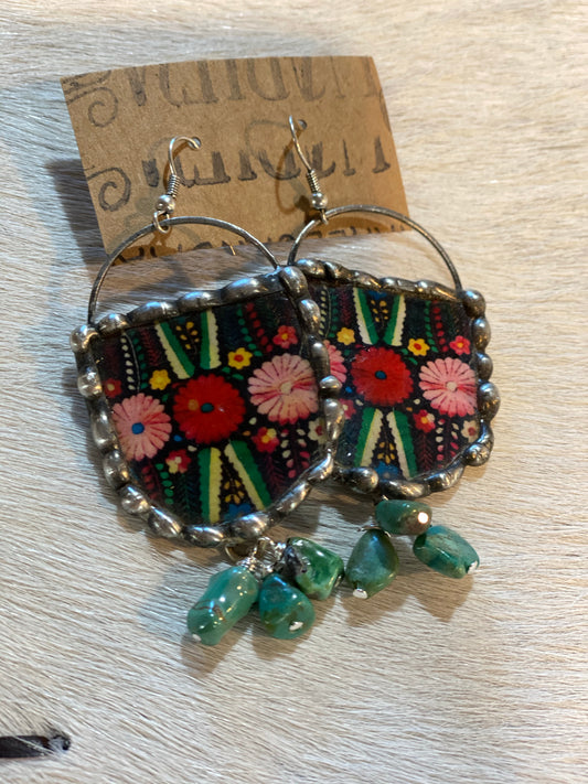 Black and floral earrings with turquoise