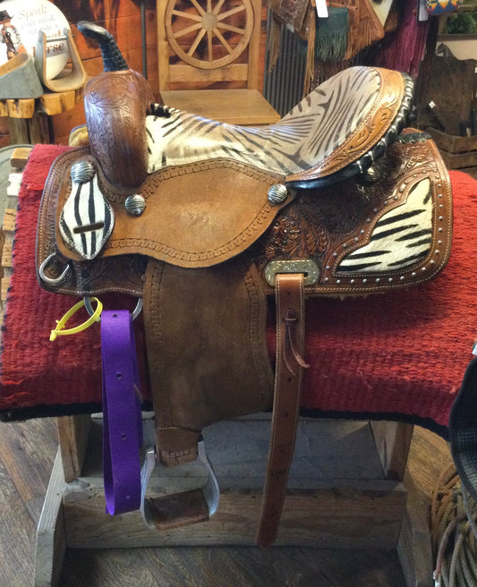 Zebra barrel saddle 15”